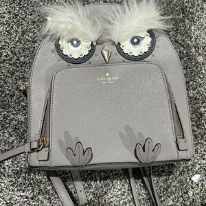 Kate-spade gray owl mini backpack with faux-fur brows